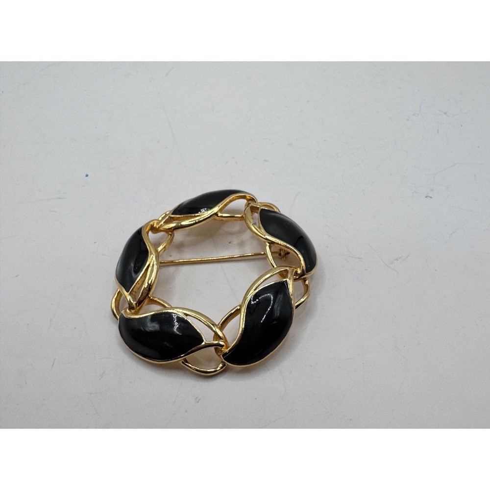 Vintage Gold Tone Metal Black Enamel 2" Brooch Pin‎